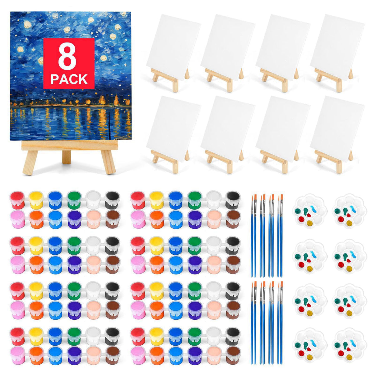 pomaylor 8 Pack 8 * 10In Canvas Boards for Painting, Art Canvas for Drawing with 16 Brushes & 8 Paint Trays & 16 Acrylic