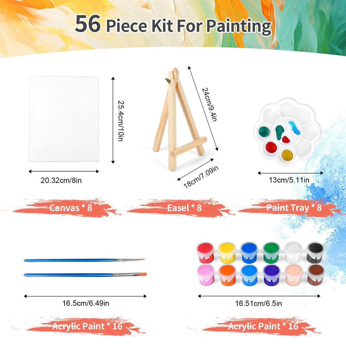 pomaylor 8 Pack 8 * 10In Canvas Boards for Painting, Art Canvas for Drawing with 16 Brushes & 8 Paint Trays & 16 Acrylic