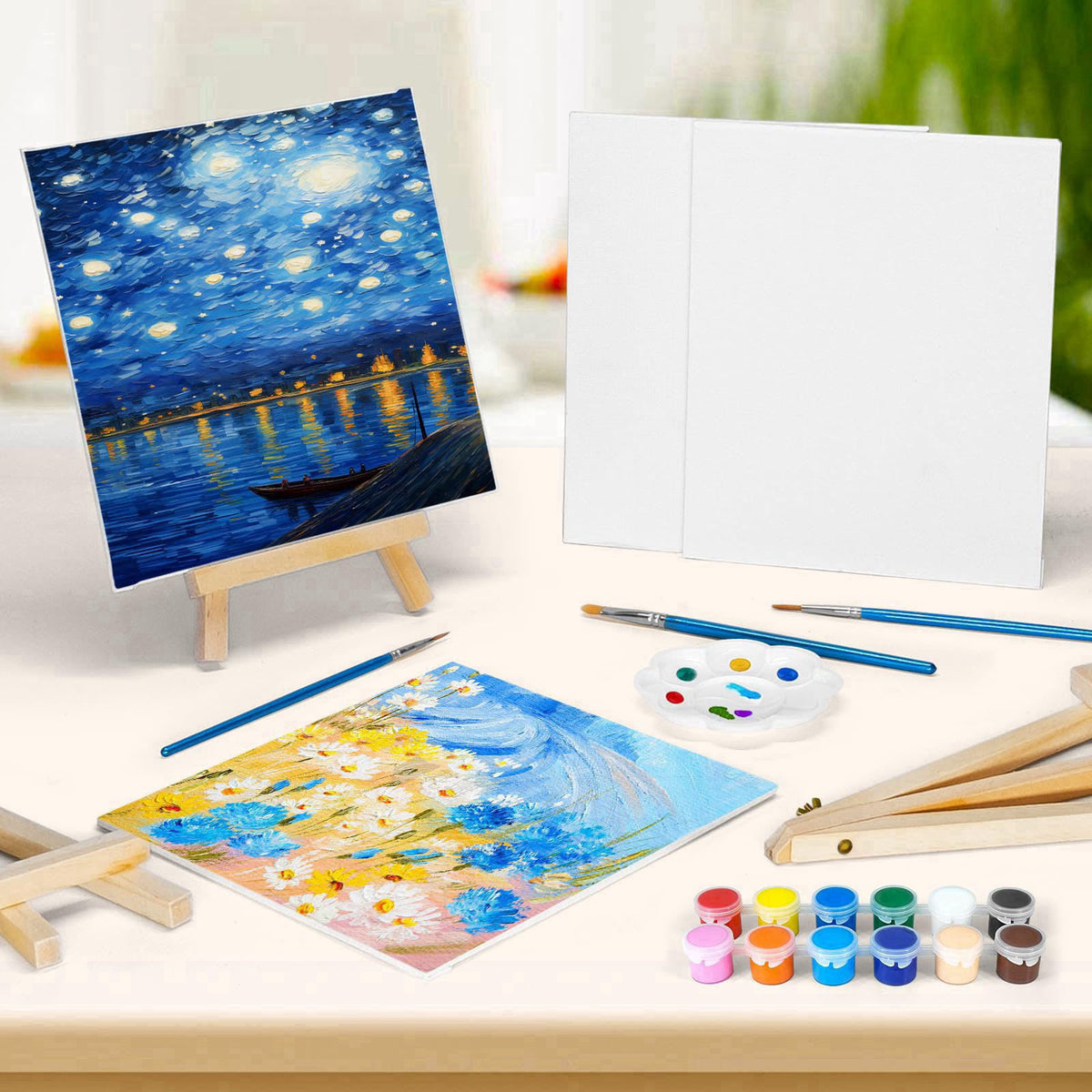 pomaylor 8 Pack 8 * 10In Canvas Boards for Painting, Art Canvas for Drawing with 16 Brushes & 8 Paint Trays & 16 Acrylic