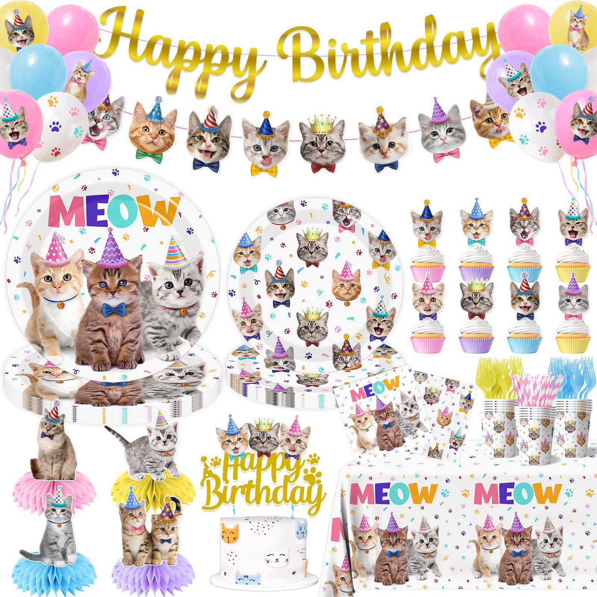 YGCTBVY Cat Birthday Decorations,189pcs Cat Party Decorations cat Birthday Plates and Napkins Cups Tablecloth Cake Toppe