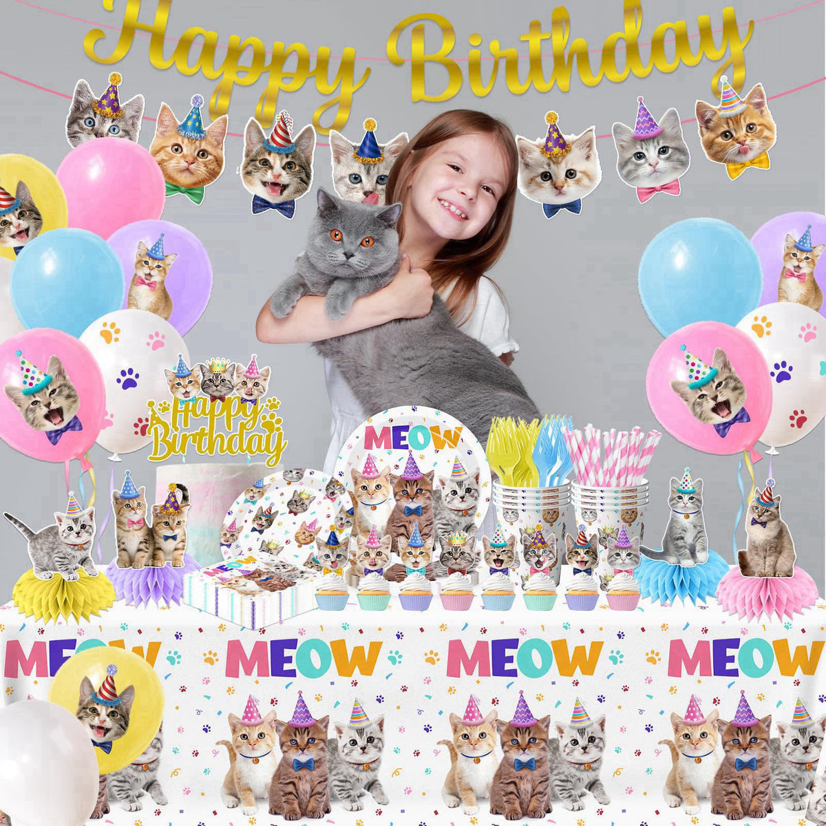YGCTBVY Cat Birthday Decorations,189pcs Cat Party Decorations cat Birthday Plates and Napkins Cups Tablecloth Cake Toppe