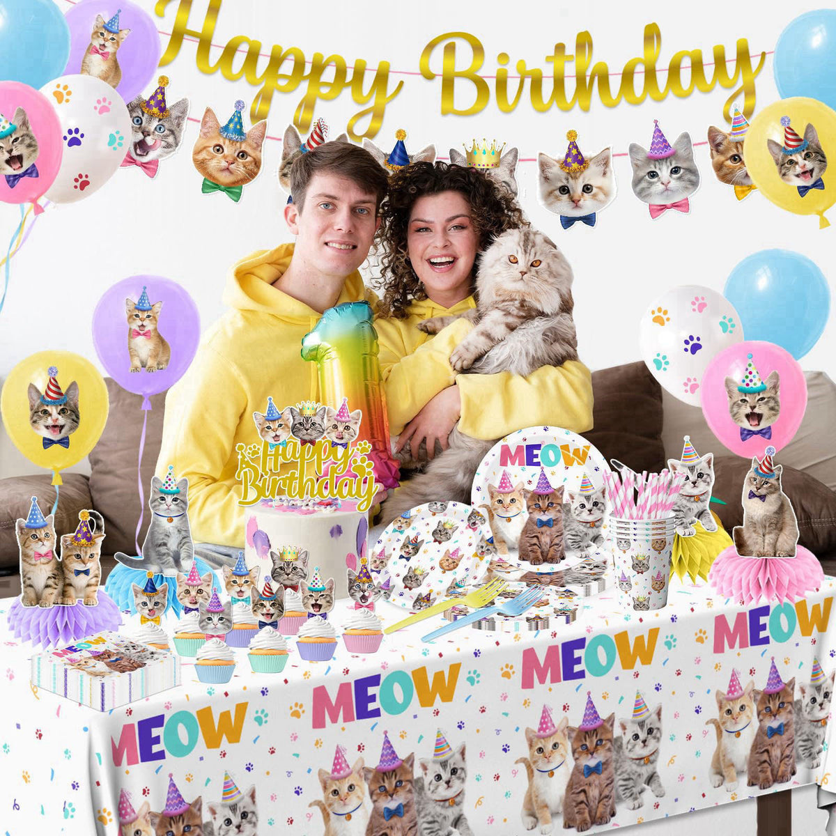 YGCTBVY Cat Birthday Decorations,189pcs Cat Party Decorations cat Birthday Plates and Napkins Cups Tablecloth Cake Toppe