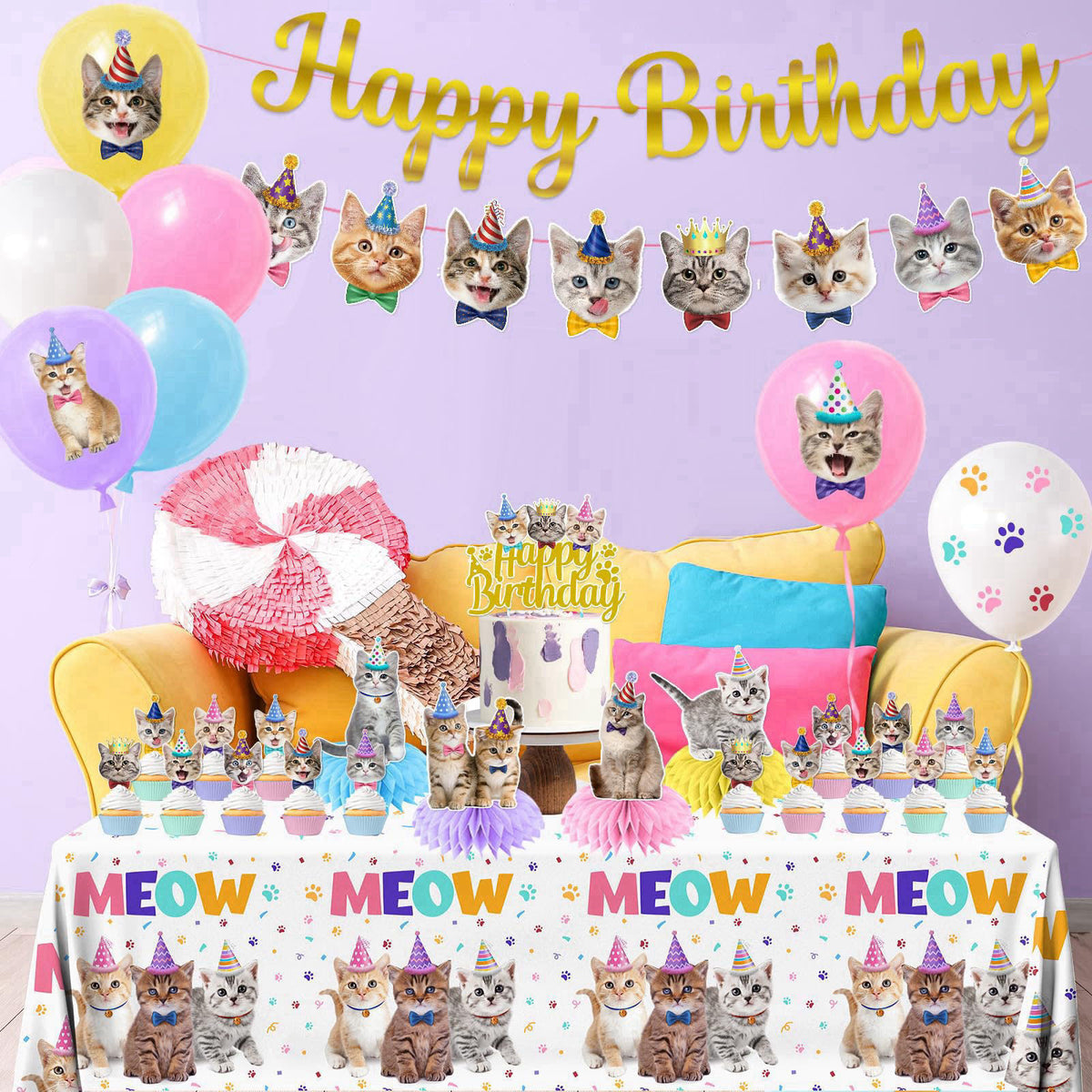 YGCTBVY Cat Birthday Decorations,189pcs Cat Party Decorations cat Birthday Plates and Napkins Cups Tablecloth Cake Toppe