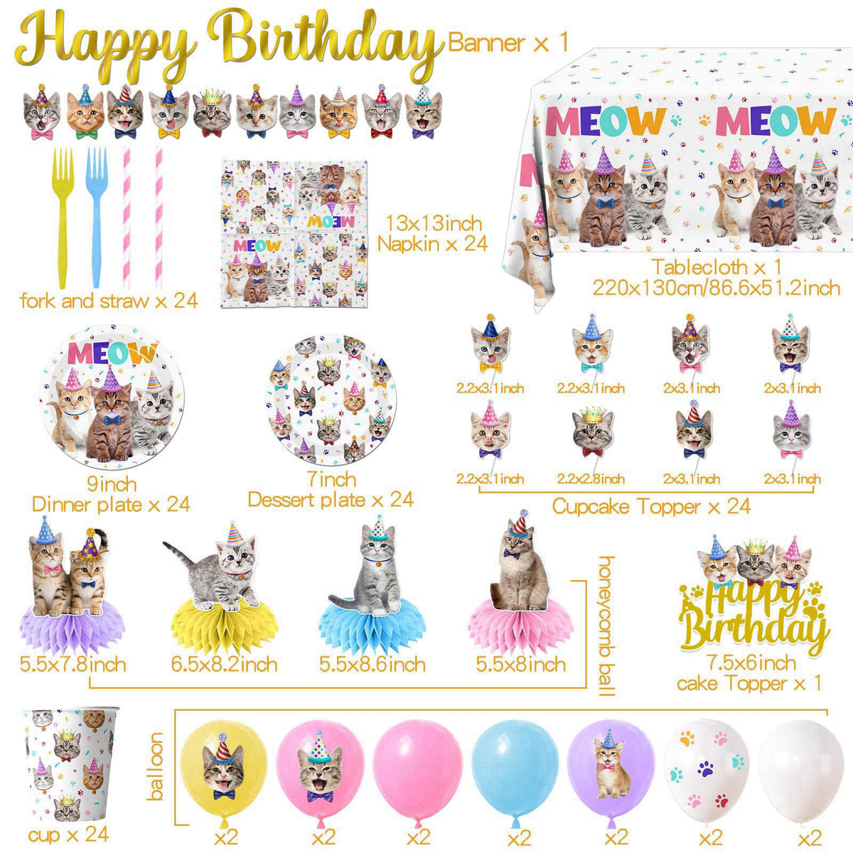 YGCTBVY Cat Birthday Decorations,189pcs Cat Party Decorations cat Birthday Plates and Napkins Cups Tablecloth Cake Toppe