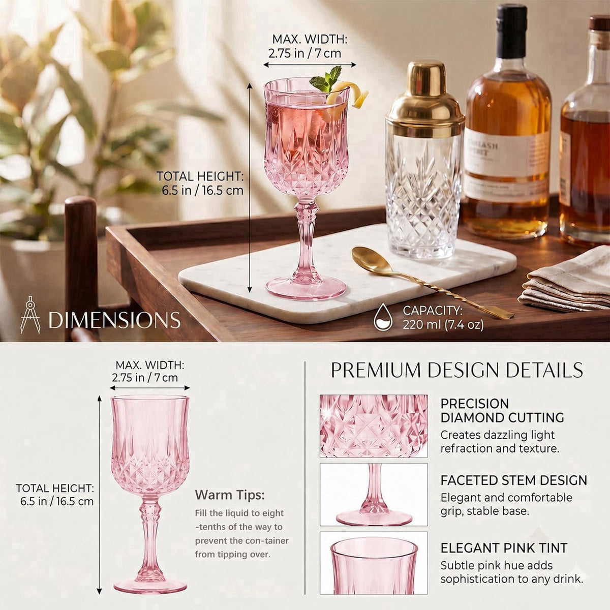 ARTGGLLR 24Pcs Plastic Wine Glasses, 7oz Plastic Goblets for Party, Drinking Glasses Unbreakable Crystal Goblets Reusabl