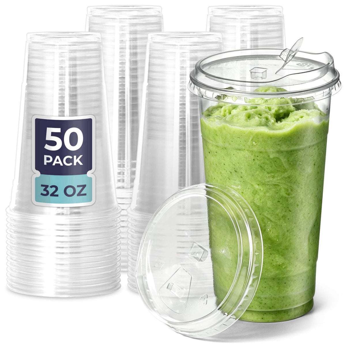 Fit Meal Prep 50 Pack 32 oz Clear Plastic Cups with Strawless Sip Lids, Disposable Plastic Coffee Cups with Lids, To Go 