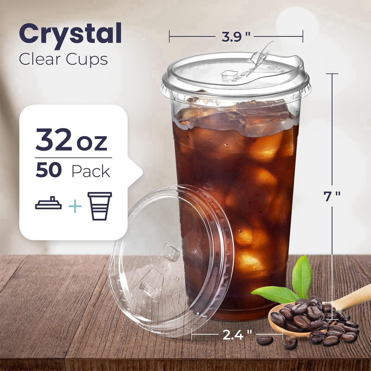 Fit Meal Prep 50 Pack 32 oz Clear Plastic Cups with Strawless Sip Lids, Disposable Plastic Coffee Cups with Lids, To Go 