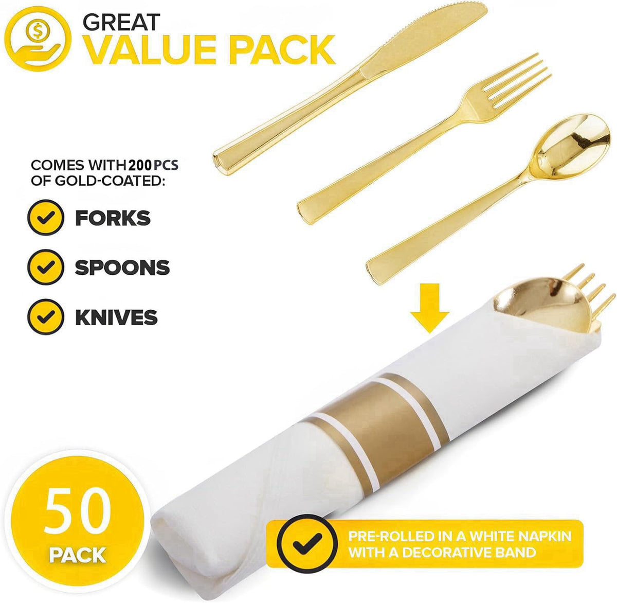 Joyido 50Pack Pre Rolled Gold Plastic Silverware Set for Thanksgiving – close-up detail in Gold Gold Gold Pink Gold Gold