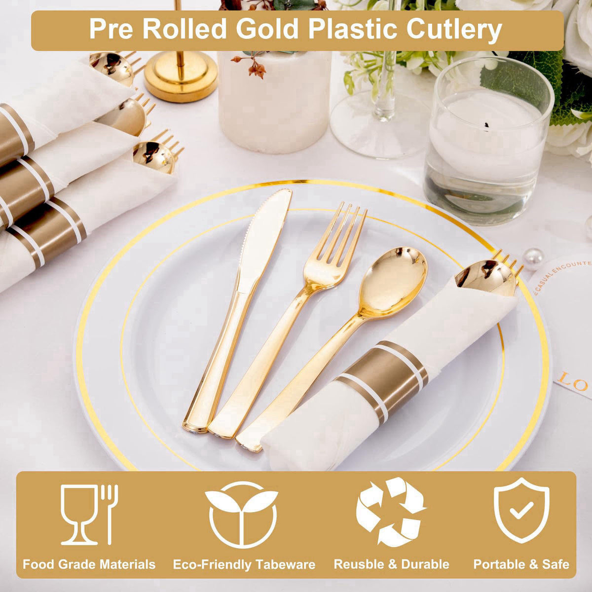 Joyido 50Pack Pre Rolled Gold Plastic Silverware Set for Thanksgiving – packaging and label