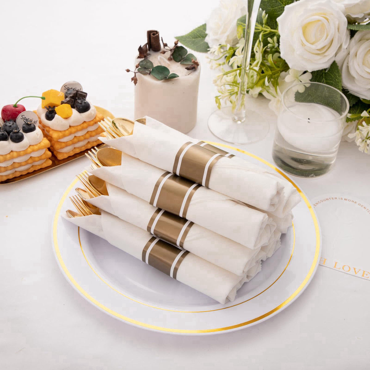 Joyido 50Pack Pre Rolled Gold Plastic Silverware Set for Thanksgiving – back view and specifications