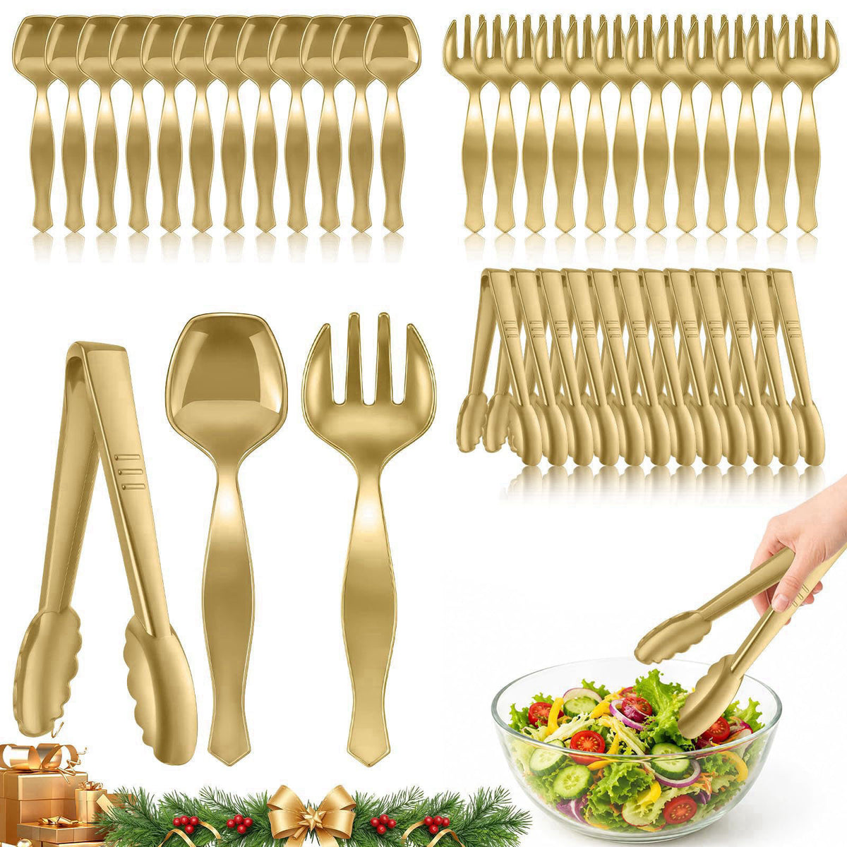 mwellewm 36Pc Gold Plastic Serving Utensils Set,Disposable Spoons Tong Fork – product photo (Serving Sets)