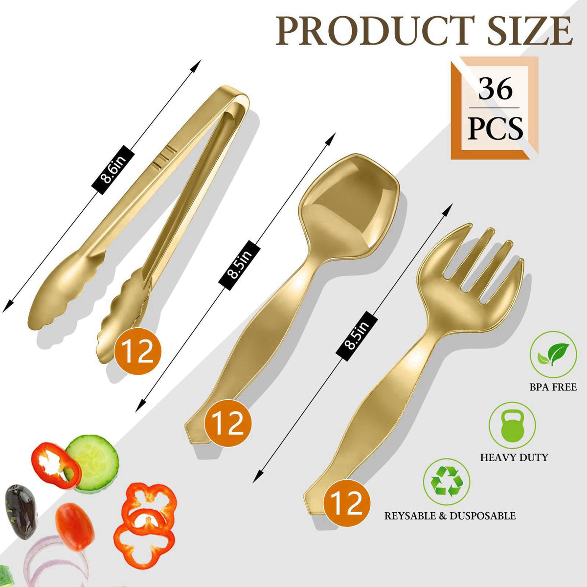 mwellewm 36Pc Gold Plastic Serving Utensils Set,Disposable Spoons Tong Fork – full view