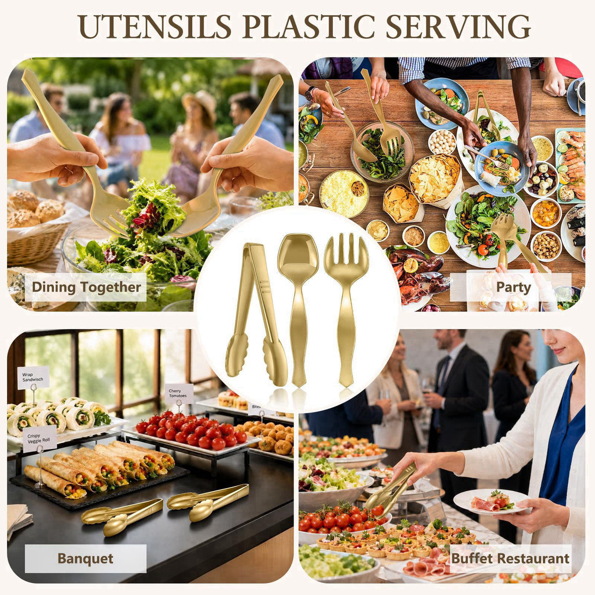 mwellewm 36Pc Gold Plastic Serving Utensils Set,Disposable Spoons Tong Fork – back view and specifications