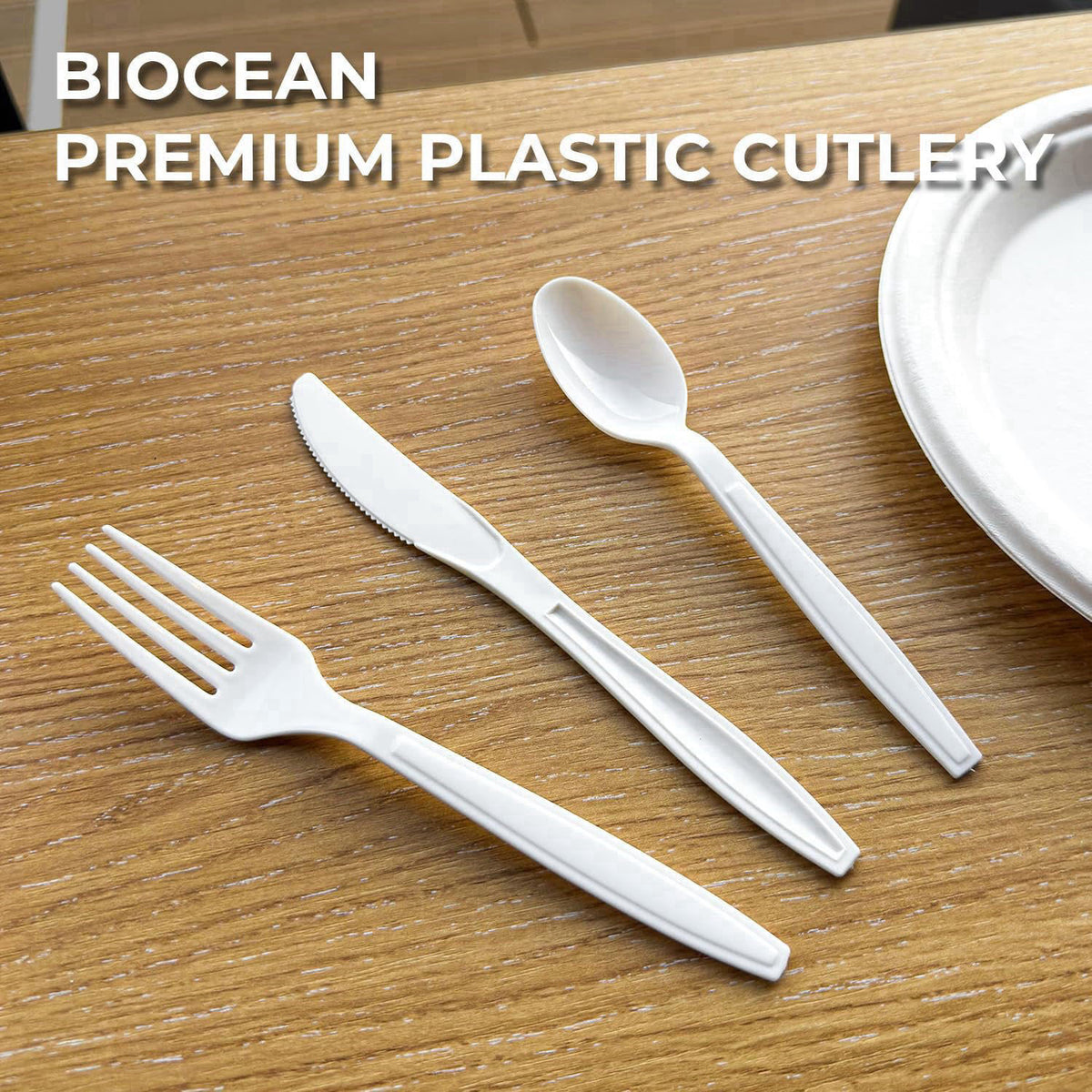 biocean 600Pack Disposable Plastic Forks Bulk White Heavy Duty Plastic Forks – packaging and label