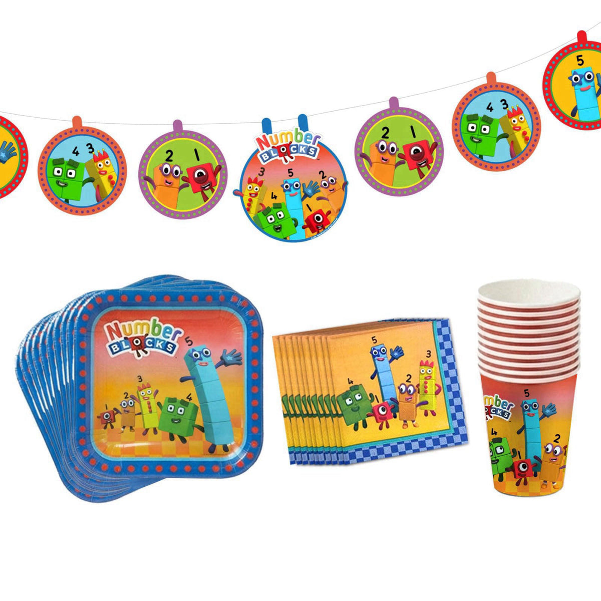 Mighty Mojo Numberblocks Party Supplies Kit, 31 Piece Birthday Party Set for 10 Guests with Plates, Cups, Napkins and Ha