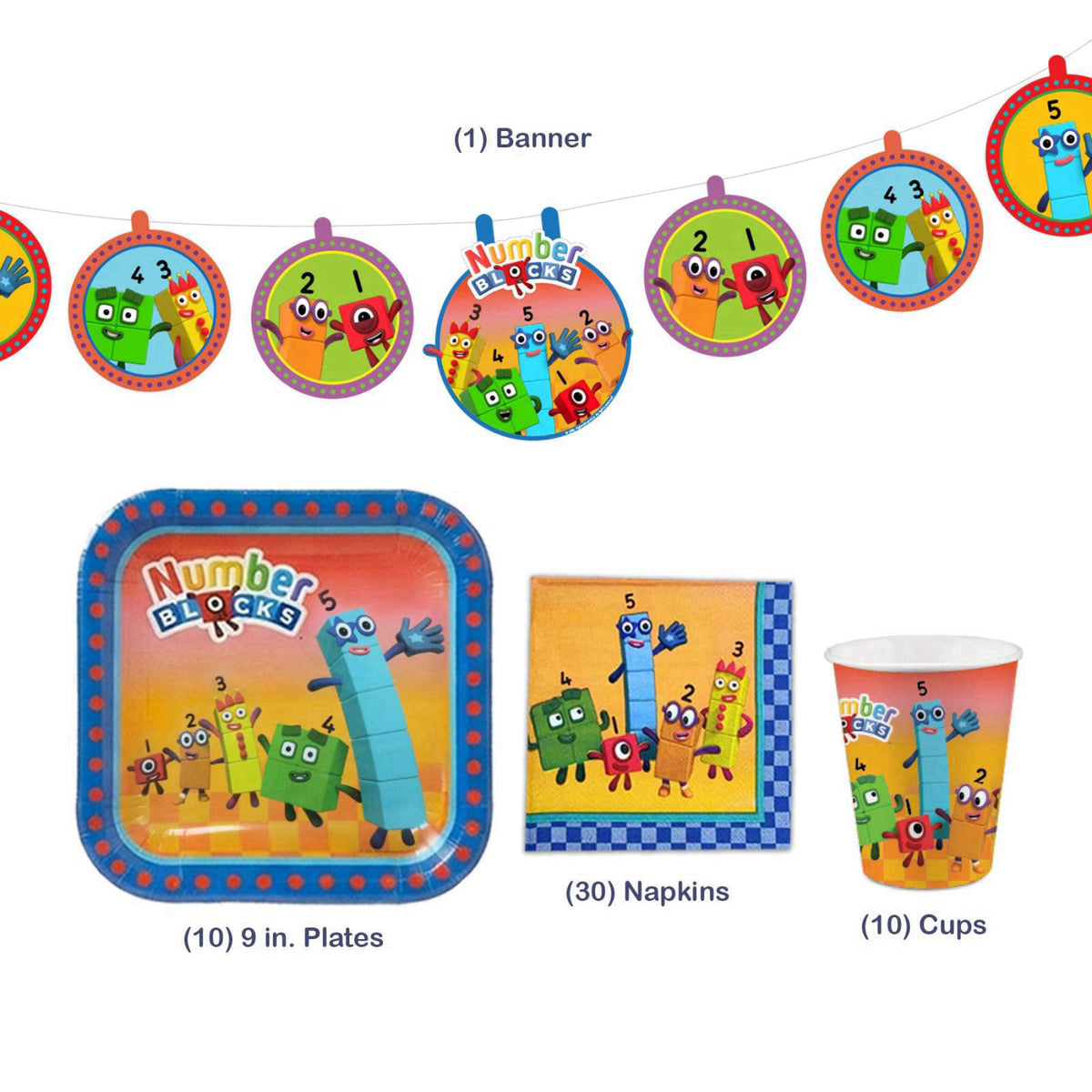 Mighty Mojo Numberblocks Party Supplies Kit, 31 Piece Birthday Party Set for 10 Guests with Plates, Cups, Napkins and Ha