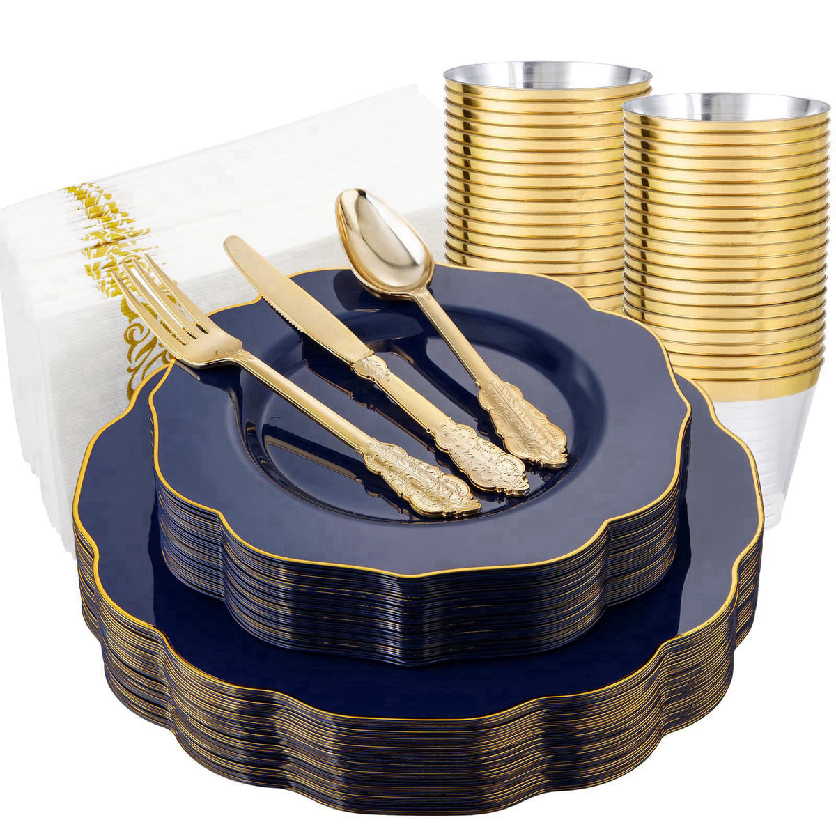 NOCCUR 175 Blue Gold Plastic Plates with Disposable Silverware – product photo (Plates)