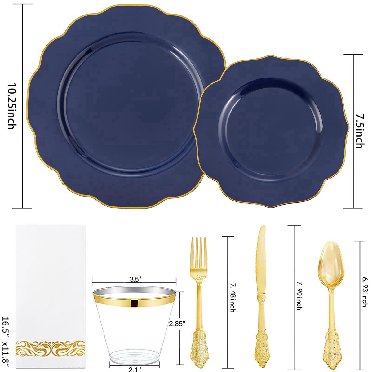 NOCCUR 175 Blue Gold Plastic Plates with Disposable Silverware – close-up detail