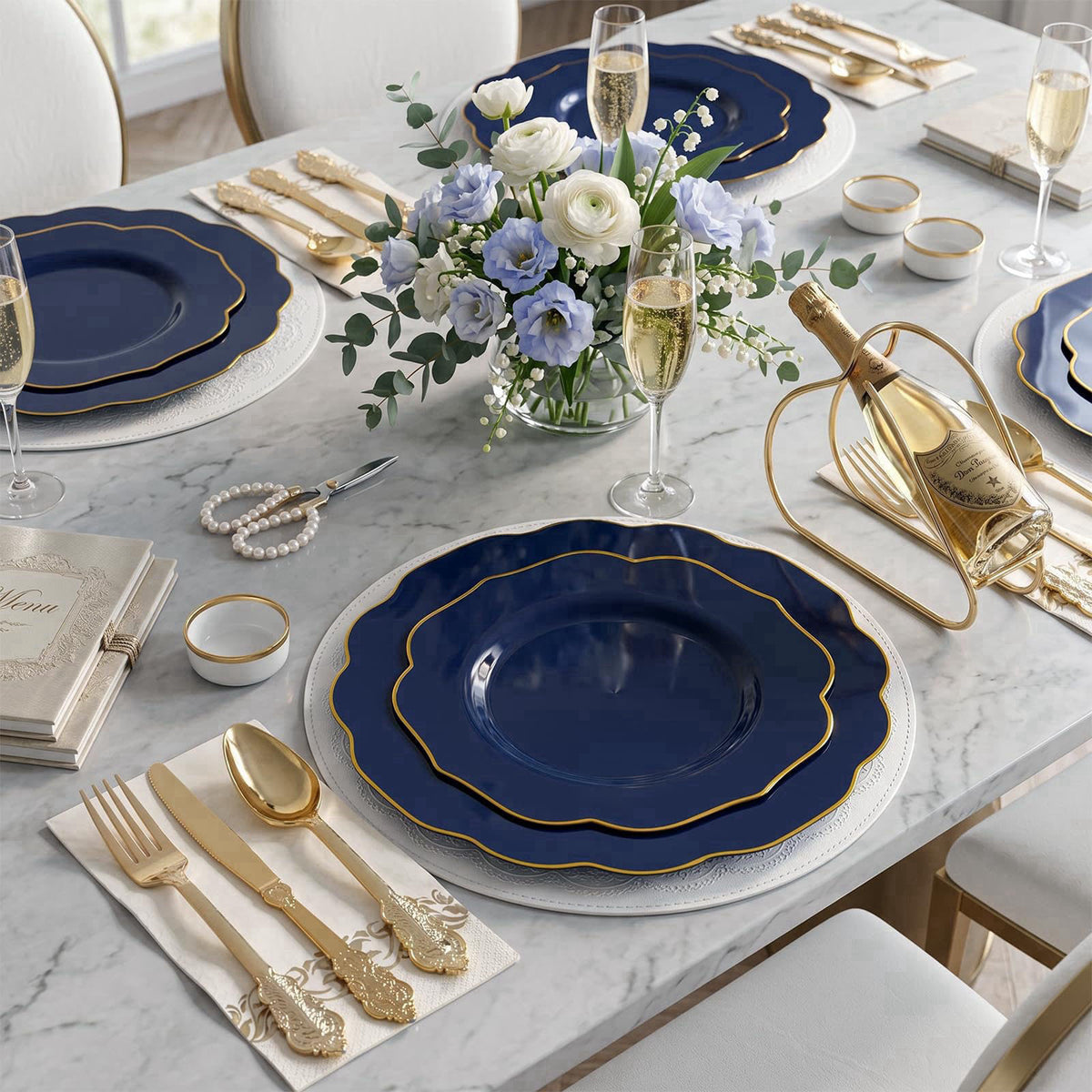 NOCCUR 175 Blue Gold Plastic Plates with Disposable Silverware – packaging and label
