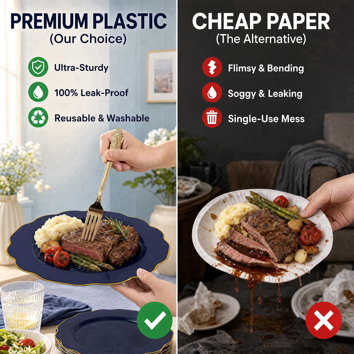 NOCCUR 175 Blue Gold Plastic Plates with Disposable Silverware – back view and specifications