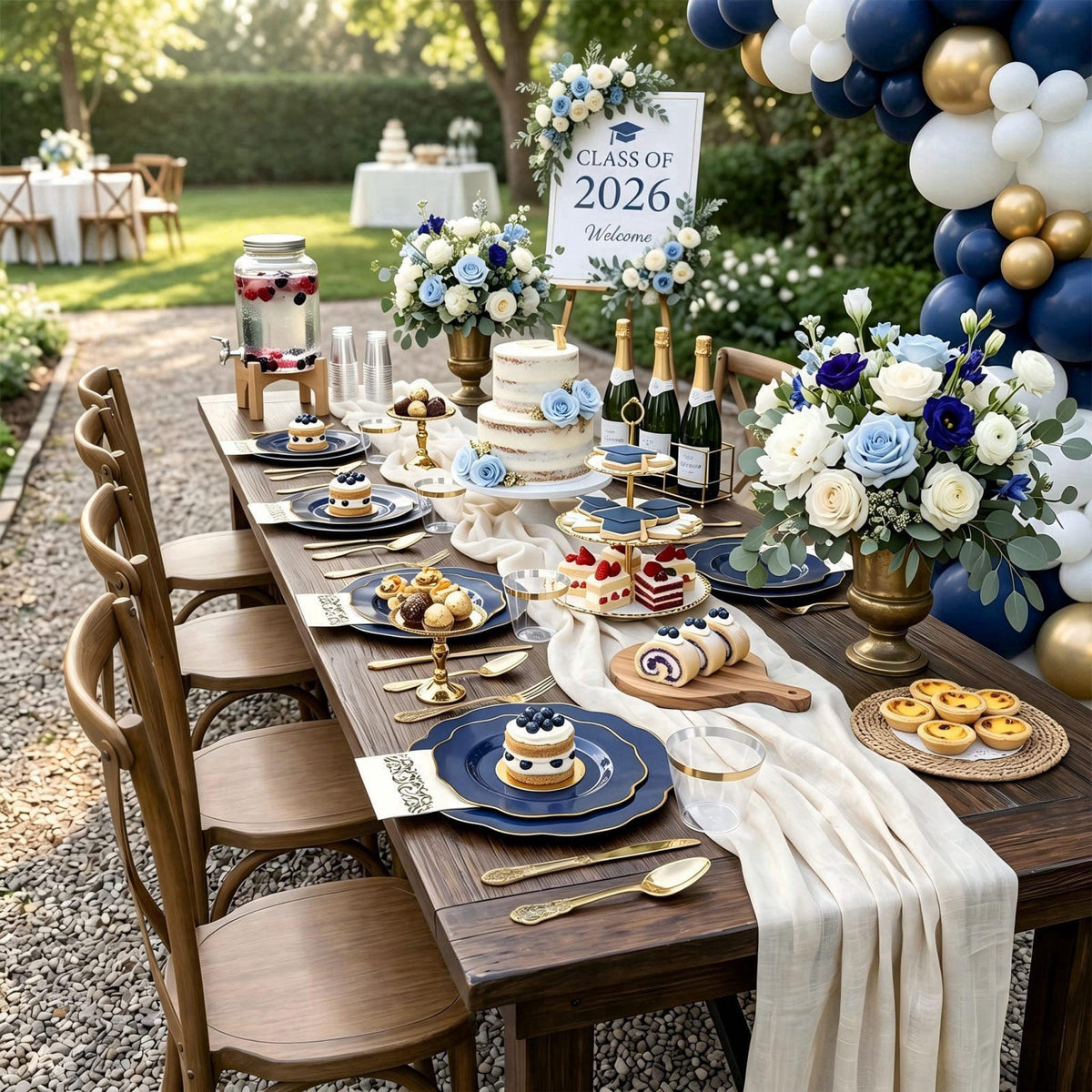 NOCCUR 175 Blue Gold Plastic Plates with Disposable Silverware – alternate angle