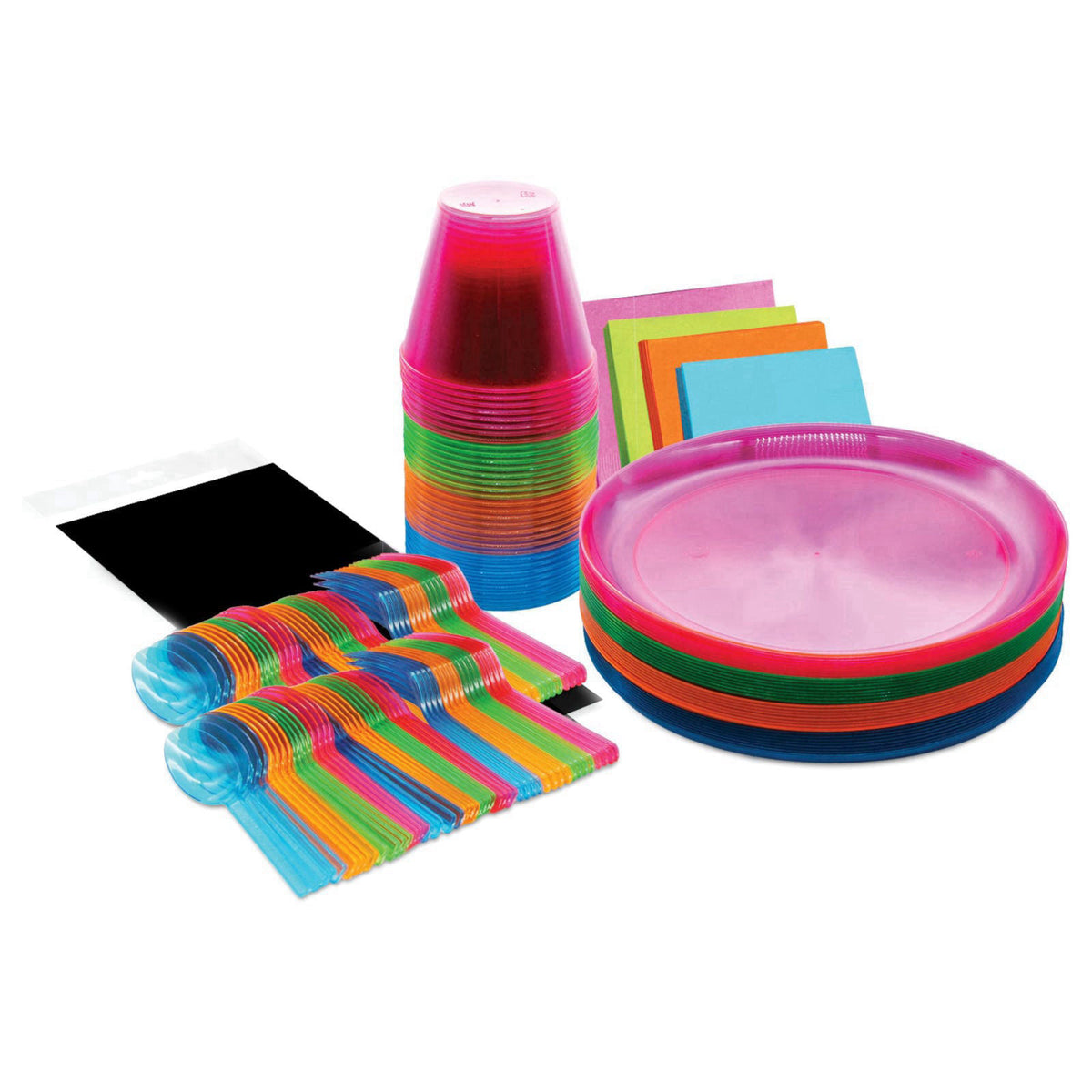 Party Essentials Disposable Plastic Glow-in-the-Dark Party Supplies Dinnerware Decorations, Plate/Cup/Cutlery/Tablecover