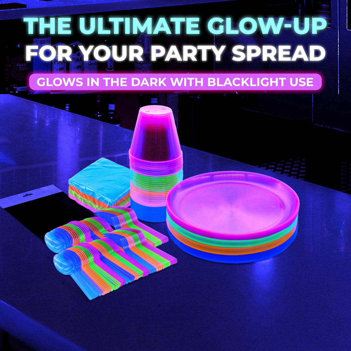 Party Essentials Disposable Plastic Glow-in-the-Dark Party Supplies Dinnerware Decorations, Plate/Cup/Cutlery/Tablecover