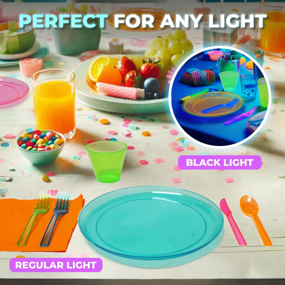 Party Essentials Disposable Plastic Glow-in-the-Dark Party Supplies Dinnerware Decorations, Plate/Cup/Cutlery/Tablecover