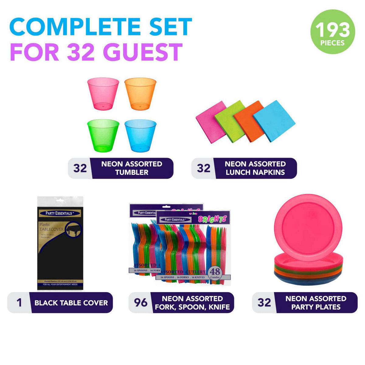 Party Essentials Disposable Plastic Glow-in-the-Dark Party Supplies Dinnerware Decorations, Plate/Cup/Cutlery/Tablecover