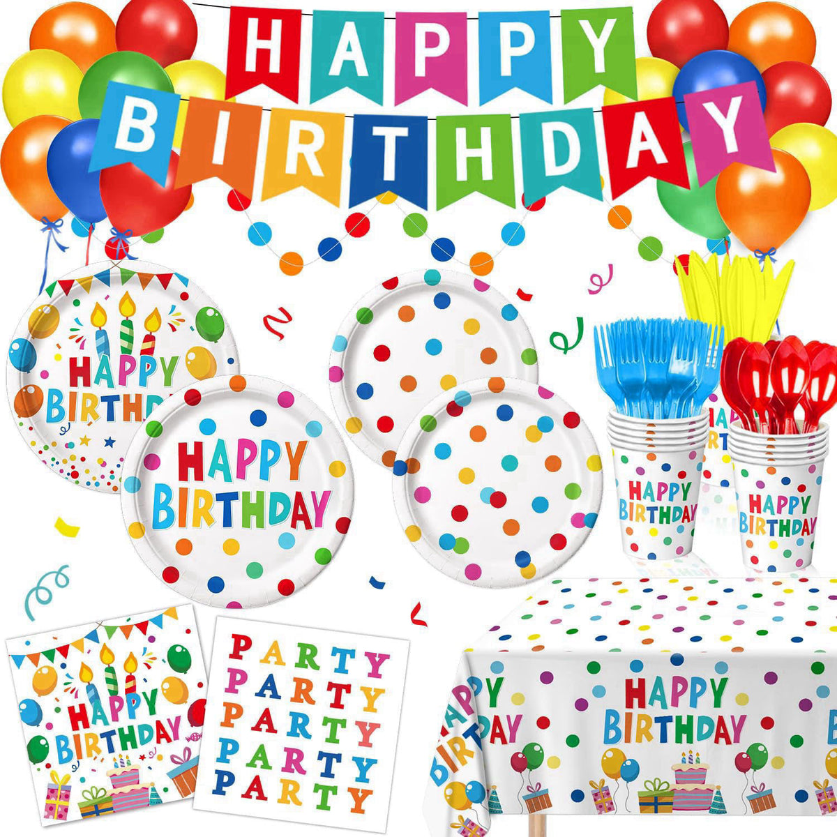 LINHAXM Happy Birthday Decorations - Colorful Dots Birthday Party Supplies Includes Plates, Napkins, Cups, Cutlery, Bann