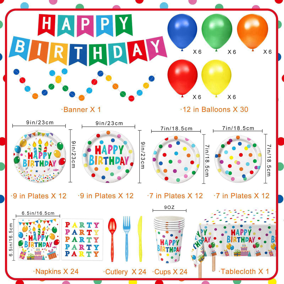 LINHAXM Happy Birthday Decorations - Colorful Dots Birthday Party Supplies Includes Plates, Napkins, Cups, Cutlery, Bann