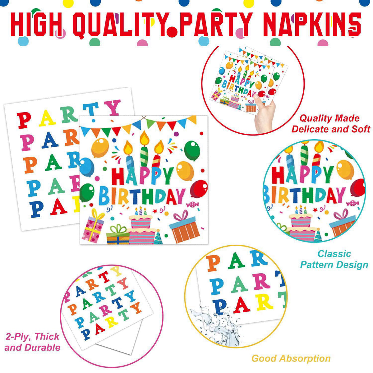 LINHAXM Happy Birthday Decorations - Colorful Dots Birthday Party Supplies Includes Plates, Napkins, Cups, Cutlery, Bann