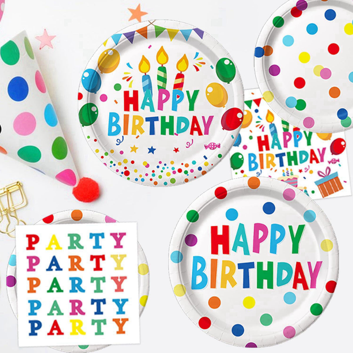 LINHAXM Happy Birthday Decorations - Colorful Dots Birthday Party Supplies Includes Plates, Napkins, Cups, Cutlery, Bann