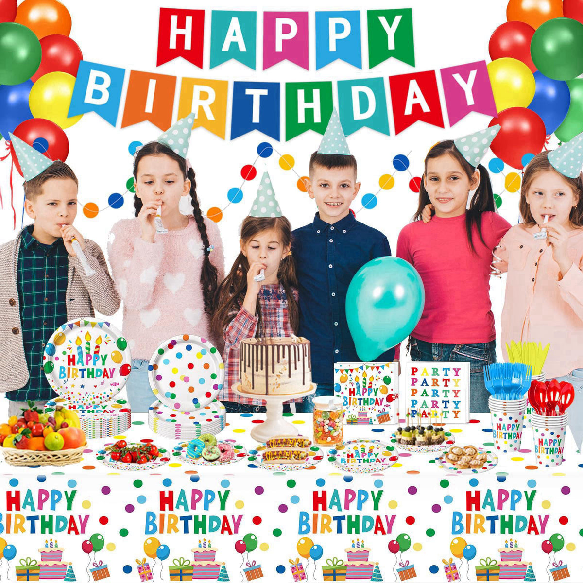 LINHAXM Happy Birthday Decorations - Colorful Dots Birthday Party Supplies Includes Plates, Napkins, Cups, Cutlery, Bann