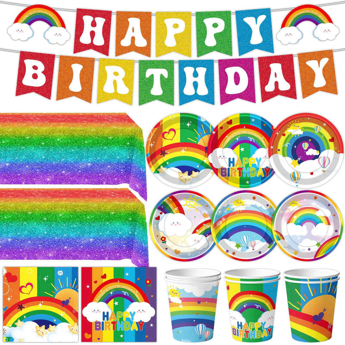 DMIGHT Rainbow Birthday Party Supplies Rainbow Theme Party Decorations for Boy, Include Tablecloth Banner Plate Napkin C