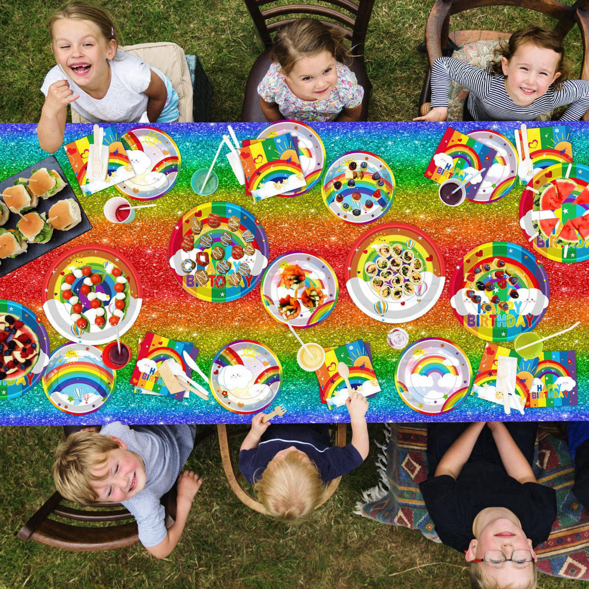 DMIGHT Rainbow Birthday Party Supplies Rainbow Theme Party Decorations for Boy, Include Tablecloth Banner Plate Napkin C