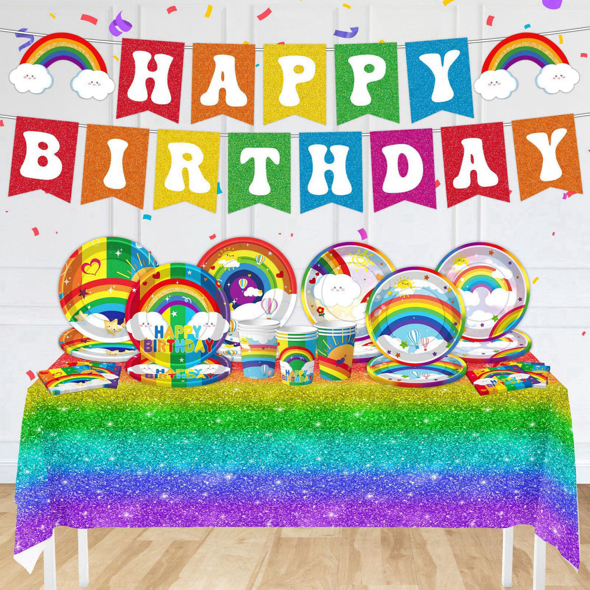 DMIGHT Rainbow Birthday Party Supplies Rainbow Theme Party Decorations for Boy, Include Tablecloth Banner Plate Napkin C