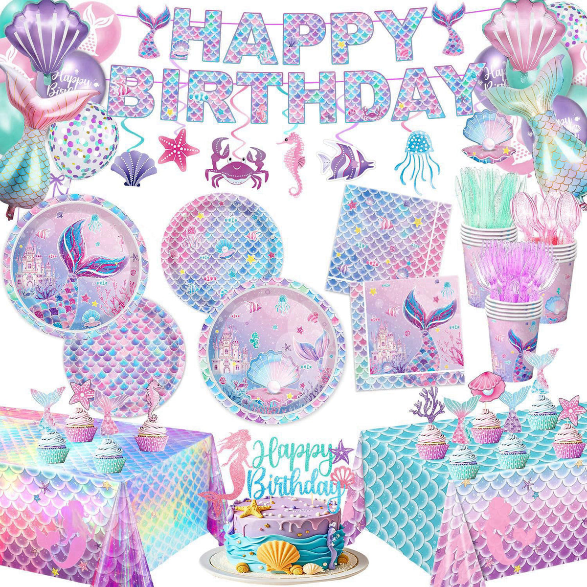 NKPDAXM Mermaid Birthday Decorations Include Plates, Napkins, Cups, Cutlery, Hanging Swirls, Banner, Cake & Cupcake Topp