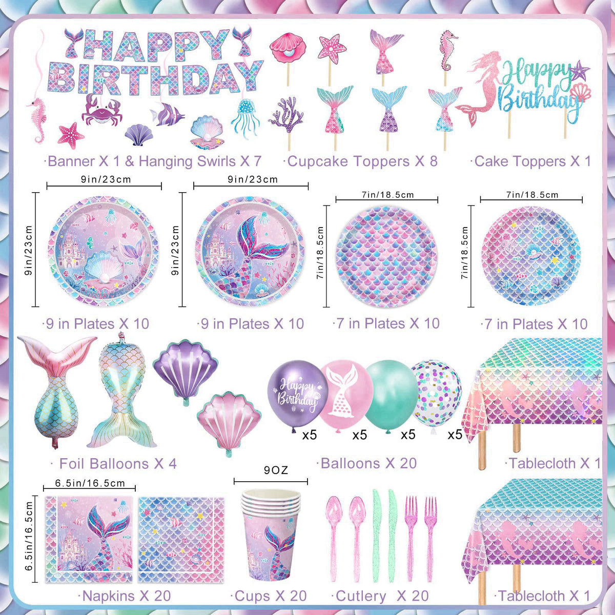 NKPDAXM Mermaid Birthday Decorations Include Plates, Napkins, Cups, Cutlery, Hanging Swirls, Banner, Cake & Cupcake Topp