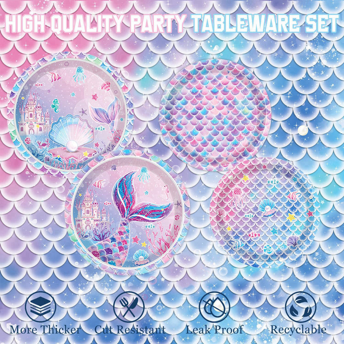 NKPDAXM Mermaid Birthday Decorations Include Plates, Napkins, Cups, Cutlery, Hanging Swirls, Banner, Cake & Cupcake Topp