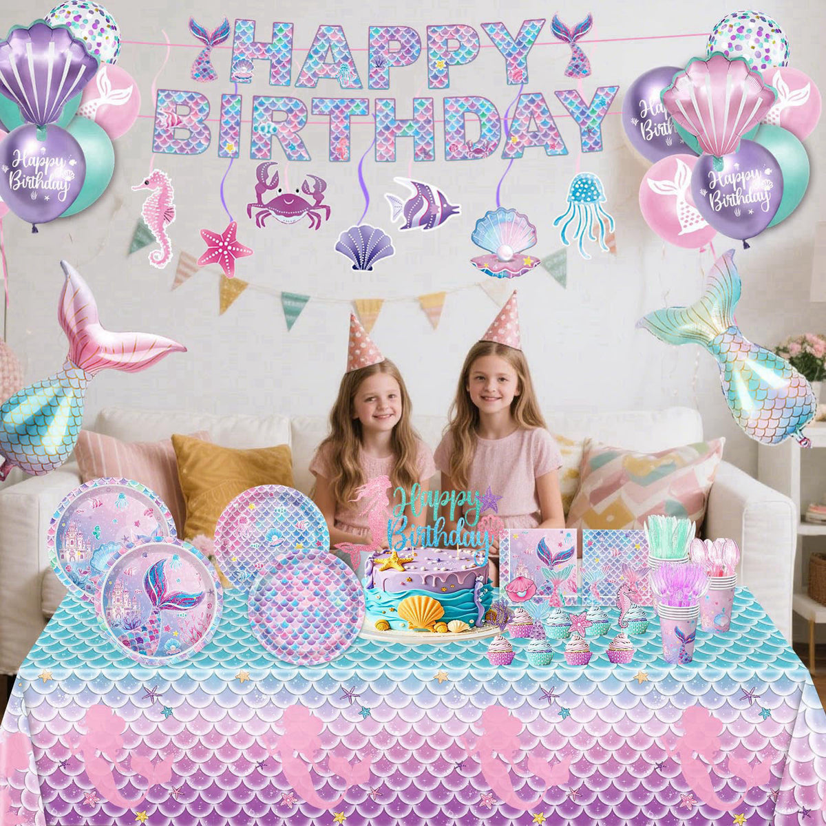 NKPDAXM Mermaid Birthday Decorations Include Plates, Napkins, Cups, Cutlery, Hanging Swirls, Banner, Cake & Cupcake Topp