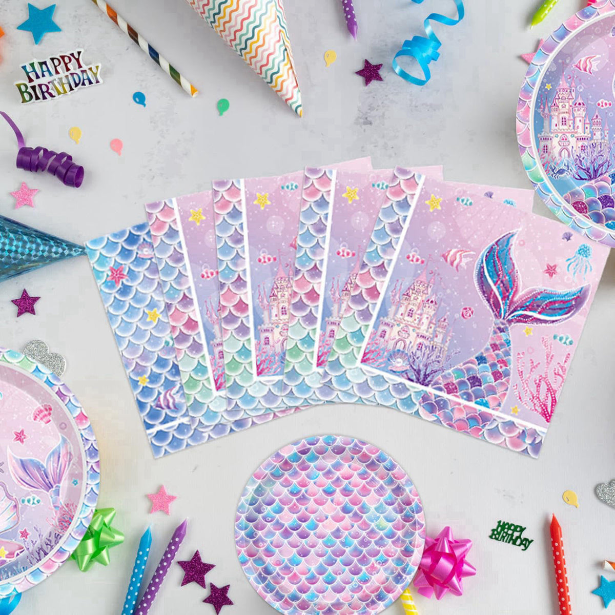 NKPDAXM Mermaid Birthday Decorations Include Plates, Napkins, Cups, Cutlery, Hanging Swirls, Banner, Cake & Cupcake Topp