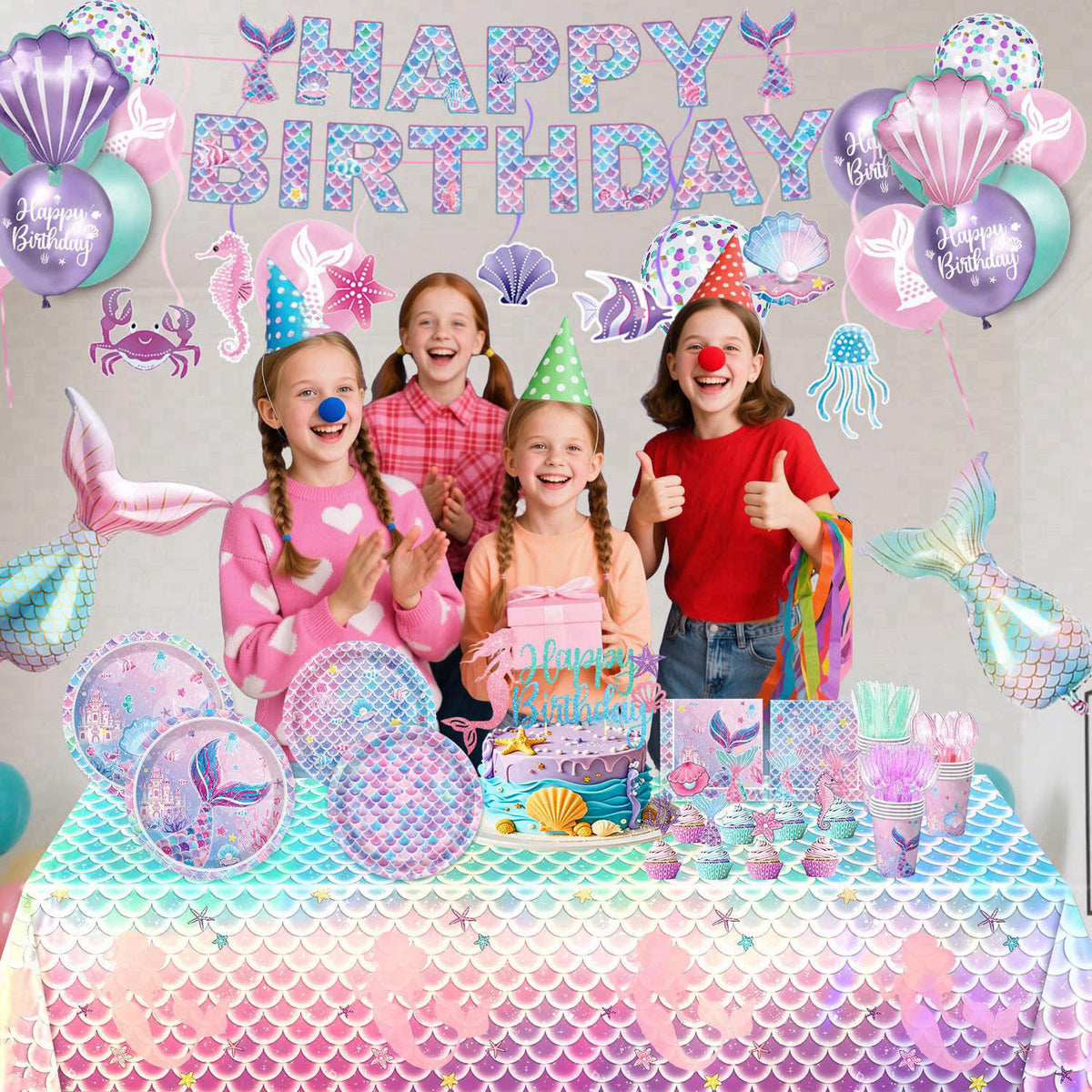 NKPDAXM Mermaid Birthday Decorations Include Plates, Napkins, Cups, Cutlery, Hanging Swirls, Banner, Cake & Cupcake Topp