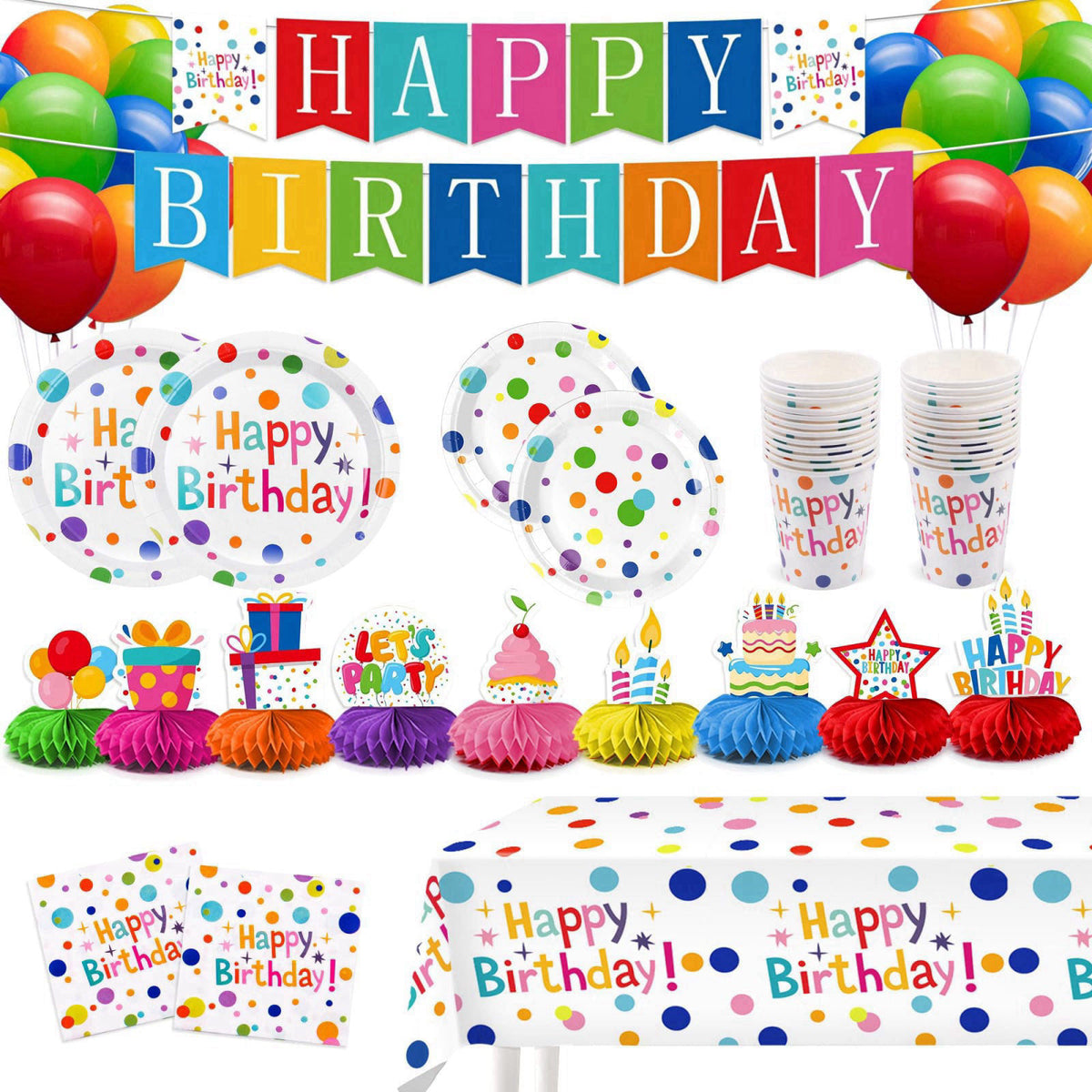 VVSBPL 127Pcs Happy Birthday Party Supplies Decorations Set - Dot Design Disposable Tableware Kit with Plates, Napkins, 