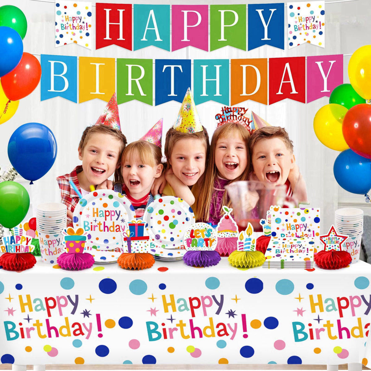 VVSBPL 127Pcs Happy Birthday Party Supplies Decorations Set - Dot Design Disposable Tableware Kit with Plates, Napkins, 