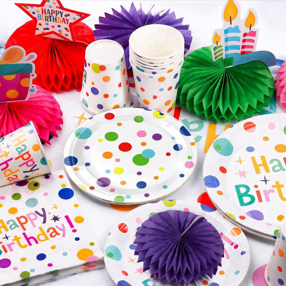 VVSBPL 127Pcs Happy Birthday Party Supplies Decorations Set - Dot Design Disposable Tableware Kit with Plates, Napkins, 