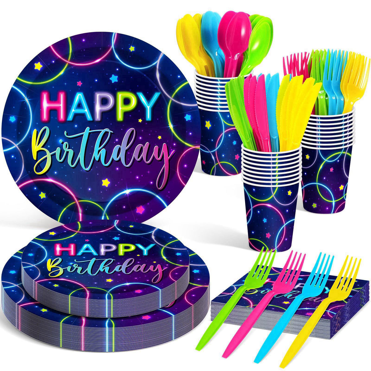 Meanplan 168 Pcs Neon Glow Birthday Party Tableware Set for 24 Guests – product photo (Plates)