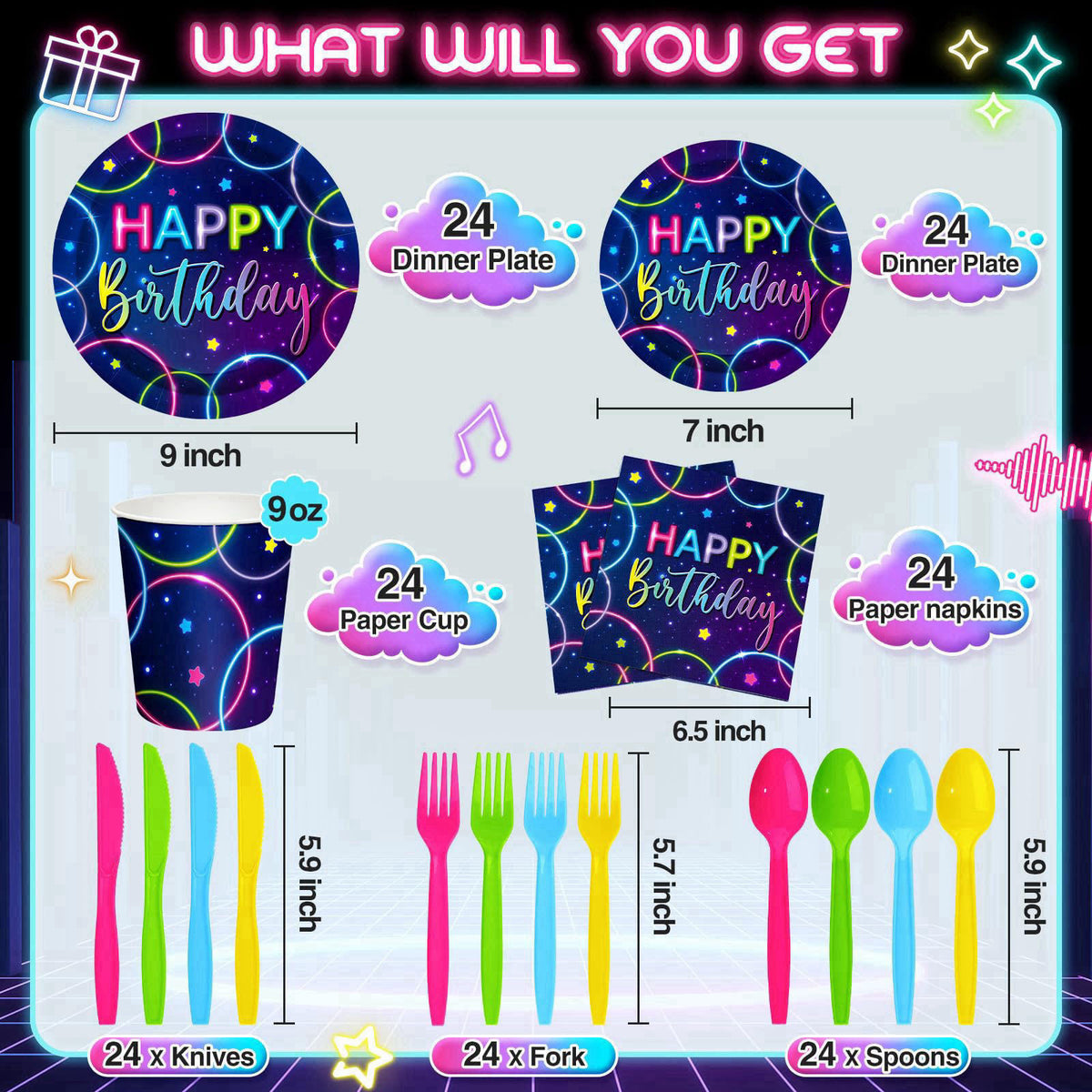Meanplan 168 Pcs Neon Glow Birthday Party Tableware Set for 24 Guests – close-up detail in Neon