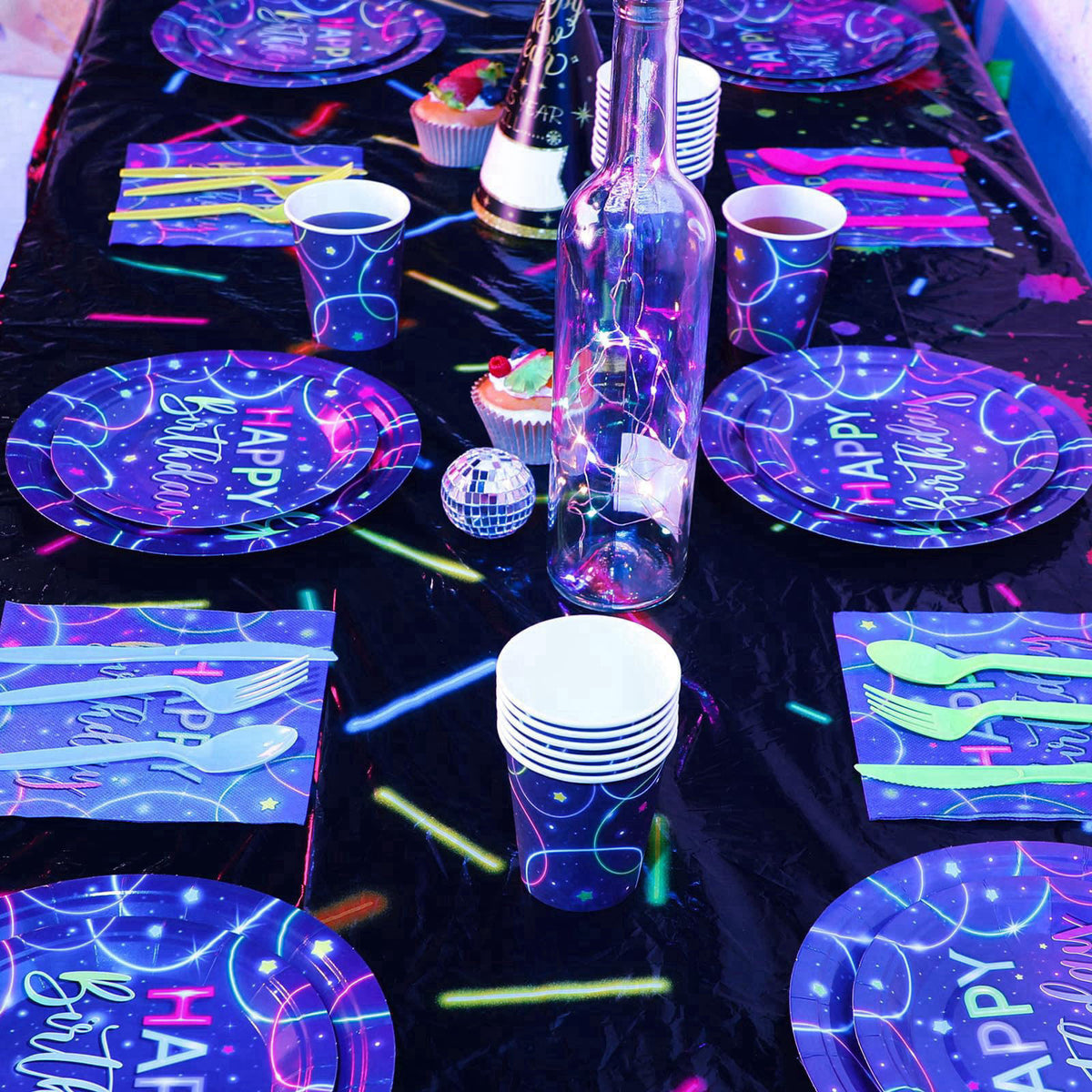 Meanplan 168 Pcs Neon Glow Birthday Party Tableware Set for 24 Guests – packaging and label