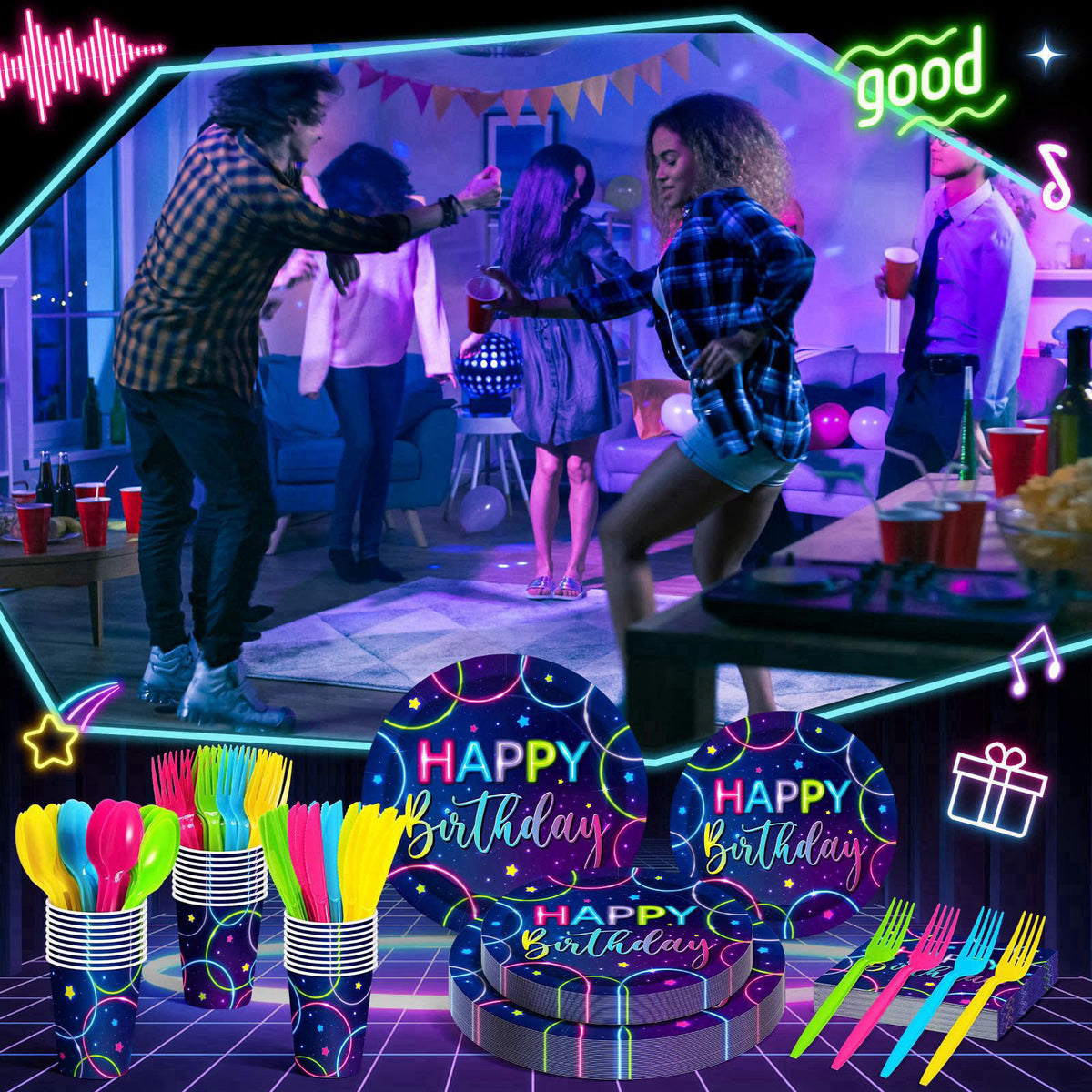 Meanplan 168 Pcs Neon Glow Birthday Party Tableware Set for 24 Guests – full view